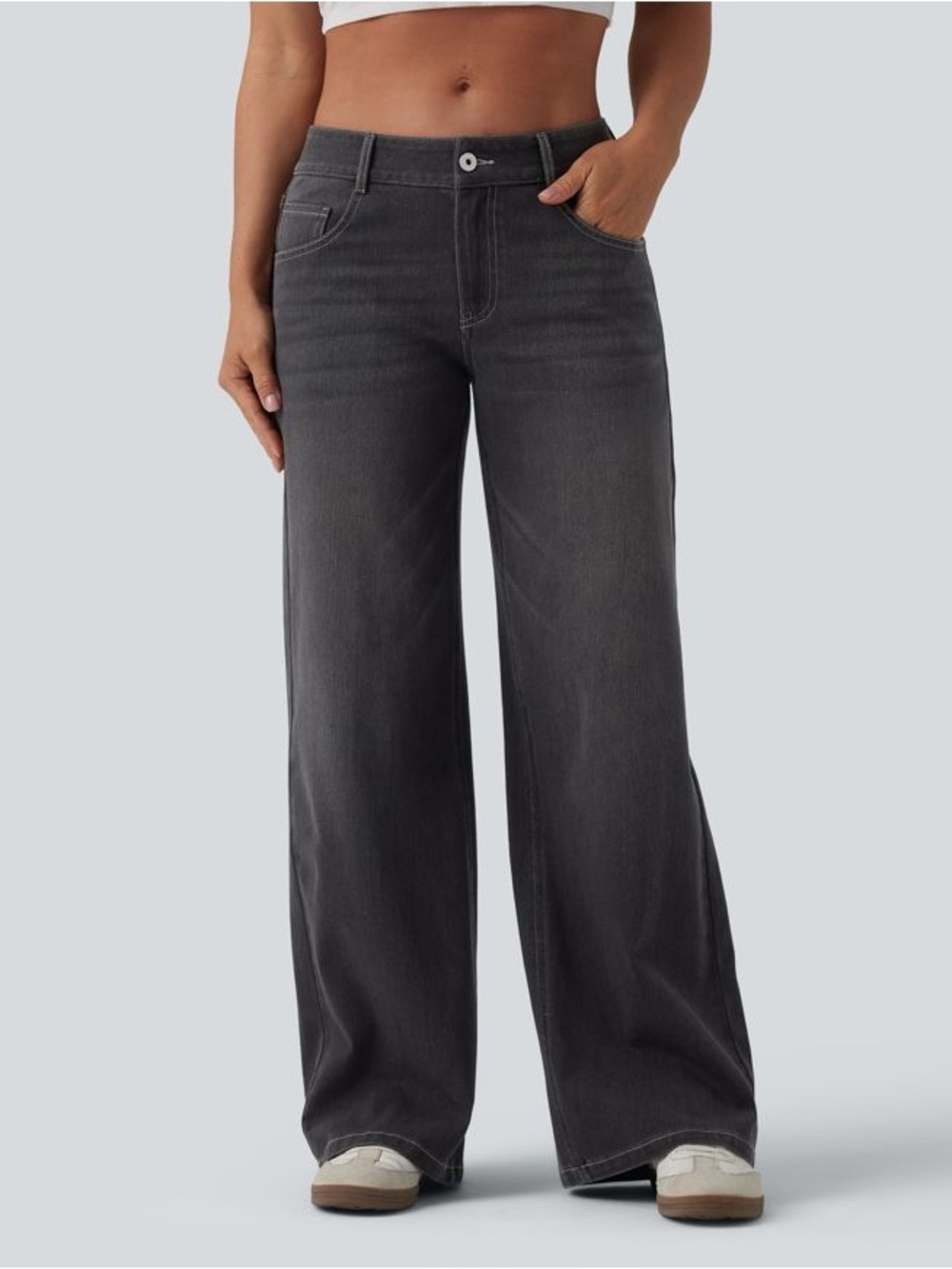 Halara Flex™ Low Rise Zipper Pockets Washed Baggy Wide Leg Casual Jeans small
